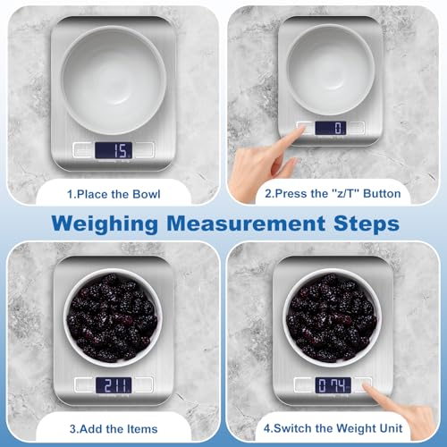 Girwu Food Scale, Digital Kitchen Scale with 0.1g Accuracy, 11lb/22lb Capacity & Backlit LCD, Stainless Steel Tare Scale for Baking, Cooking and Meal Prep, 5.5x7x0.6 Inches (Batteries Included)