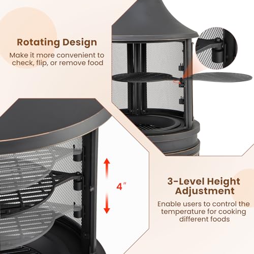 Giantex 2 in 1 Outdoor Fire Pit with Grill, 30 Inch Metal Chiminea, Wood Burning Fireplace with Chimney, Spark Screen Door & Fire Poker, Patio Firepit for Garden, Backyard, BBQ