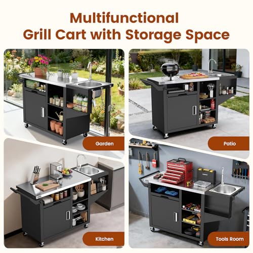 NUUK Outdoor Grill Cart on Wheel, Pizza Oven Table with Sink & Storage, 20"x42" Stainless Steel Prep Table Kitchen Island Cabinet for Backyard BBQ