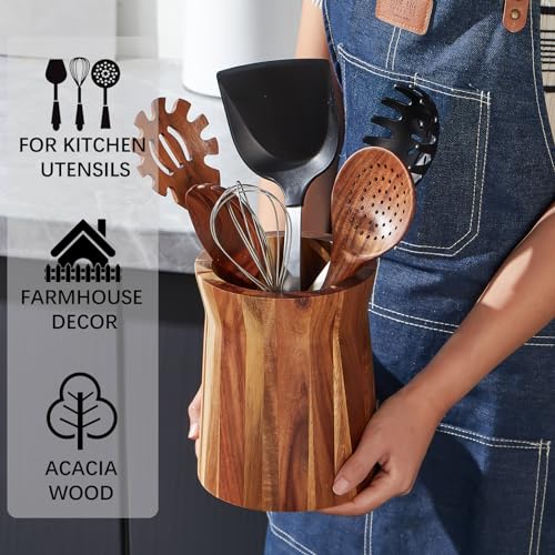 LOHONER Wooden Utensil Holder for Countertop, 360° Rotating Kitchen Utensil Holder, 7.2"x 6" Large Acacia Cooking Utensil Holder for Kitchen Counter, Farmhouse Kitchen Decor