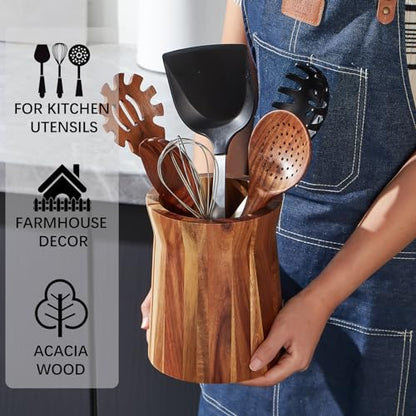 LOHONER Wooden Utensil Holder for Countertop, 360° Rotating Kitchen Utensil Holder, 7.2"x 6" Large Acacia Cooking Utensil Holder for Kitchen Counter, Farmhouse Kitchen Decor