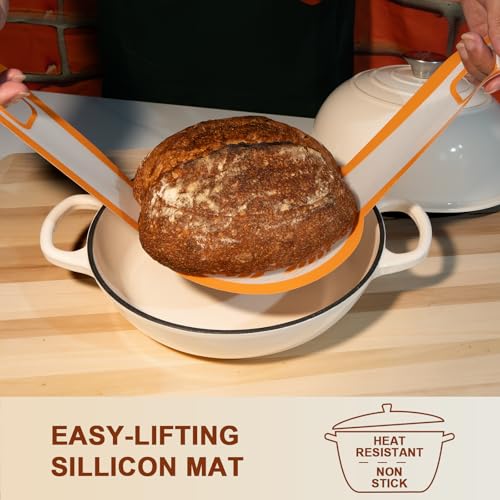 AHJ 6QT Dutch Oven For Bread Baking, Enameled Cast Iron Dutch Oven Pot with Lid, Multi-Functional Bread pan, Sourdough Baking Supplies with Proofing Basket, Cast Iron Bread Oven, Silicone Sling & Gloves.