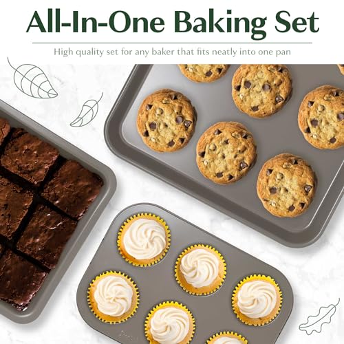 Goodful All-In-One Nonstick Bakeware Set, Stackable and Space Saving Design includes Round and Square Pans, Muffin Pans, Cookie Sheet and Roaster, Dishwasher Safe, 8-Piece, Linen