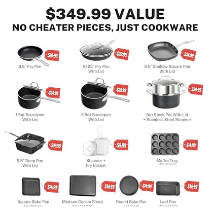 Granitestone 20 Pc Pots and Pans Set Nonstick Kitchen Cookware Set with Frying Pan, Bakeware & Steamer, Diamond Infused, Non Toxic PFOA PFOS Free, Metal Utensil Safe, Oven & Dishwasher Safe, Black