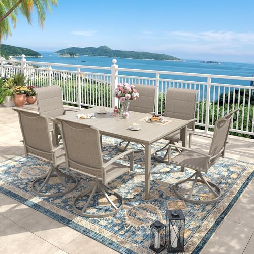 ARKOST Outdoor Dining Set for 6, 63" Outdoor Dining Table with Umbrella Hole and Padded Textilene Patio Swivel Chairs, 7 Pieces Patio Table and Chairs Set for Garden Backyard, Sandshell