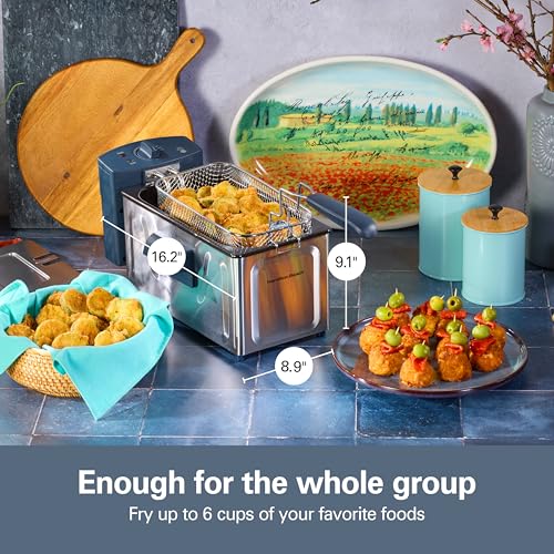 Hamilton Beach Family Style Electric Deep Fryer, Includes Frying Basket with Hooks, 1500 Watts, Easy Detach Magnetic Cord, 2 Liter / 8 Cup Oil Capacity, Kitchen Makeover Blue (35031)