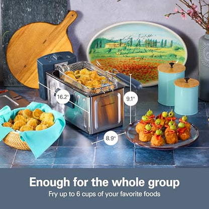 Hamilton Beach Family Style Electric Deep Fryer, Includes Frying Basket with Hooks, 1500 Watts, Easy Detach Magnetic Cord, 2 Liter / 8 Cup Oil Capacity, Kitchen Makeover Blue (35031)
