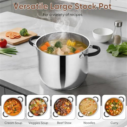P&P CHEF Stainless Steel Stock Pot, 10 Qt Cooking Soup Pot with Visible Lid for Pasta, Tri-Ply Bottom & Dual Heatproof Handles, For Induction Gas All Stoves, Non-Toxic & Dishwasher Safe