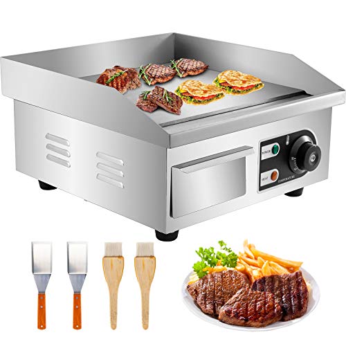 VEVOR 14" Commercial Electric Griddle,110V 1500W Electric Countertop Griddle Non-Stick Restaurant Teppanyaki flat top Grill Stainless Steel 122°F-572°F Adjustable Temperature Control(No Plug)
