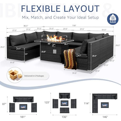 NICESOUL 9 Piece Modern Outdoor Furniture Set with Fire Pit Table, 8 Seat L-Shaped Extra Large Sectional Sofa Sets, 29.3'' High Back Comfy Modular Wicker Conversations, Natural Gas & Propane, Grey