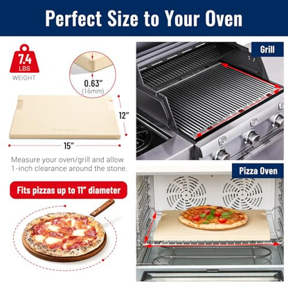 ROCKSHEAT Pizza Stone for Oven and Grill, 15x12 Inch Cordierite Baking Stone with 4 Built-in Handles, 7.4lbs Heavy Duty Thermal Shock Resistant for Crispy Crust Pizza Bread Cookies BBQ