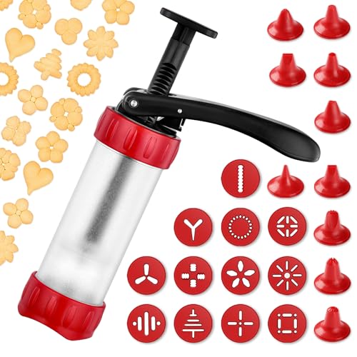 Cookie Press Set, Churro Maker with 12 Discs and 10 Cake Decorating Tips, Cookie Press for Biscuit and Churro, Red