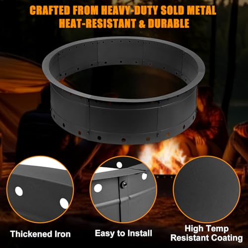 Zzuvjoy 36 Inch Fire Pit Ring, Large Outdoor Campfire Pit for Patio Backyard Garden, Smokeless Steel Firepit with Air Vent for Efficient Burning & Anti-Rust Coating, Black Steel