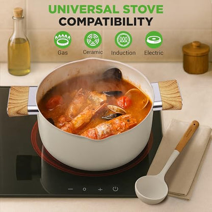 NutriChef Ceramic Cookware Set with Cooking Utensils, 14-Piece Nonstick Cookware Set with Glass Lids, Compatible with All Cooktops, Heat-Resistant Handles and Stylish Finish (Beige)