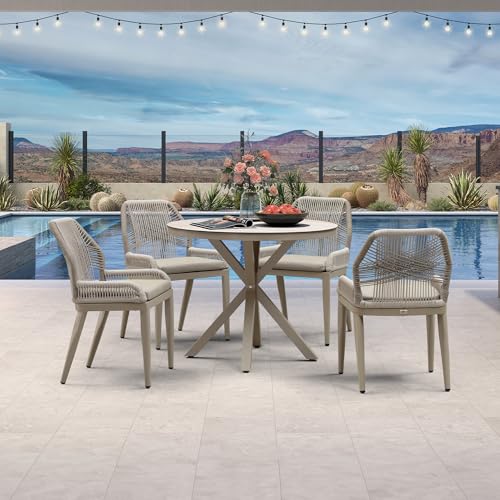 PURPLE LEAF 5 Pieces Round Dining Set Patio Aluminum Modern Round Table and Wicker Chairs with Cushions for Kitchen Porch Garden Outdoor Furniture Sets, Champagne