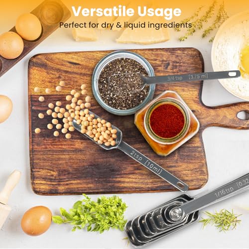 Stainless Steel Measuring Spoons Set of 14 with Leveler, Rectangular Teaspoon & Tablespoon Measuring Spoons for Dry & Liquid Ingredients, Slim Design Fits in Spice Jars