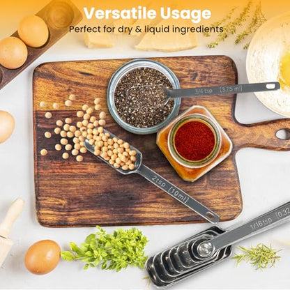 Stainless Steel Measuring Spoons Set of 14 with Leveler, Rectangular Teaspoon & Tablespoon Measuring Spoons for Dry & Liquid Ingredients, Slim Design Fits in Spice Jars