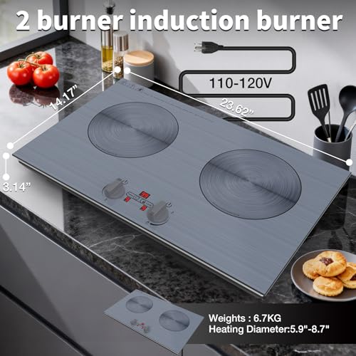 GIHETKUT 2 burner Induction cooktop,110V 4000W induction hot plate with Brushed Panel,Knob Control,9 Power Levels, Kids Lock & Timer,LED touch control 2 burner induction cooker
