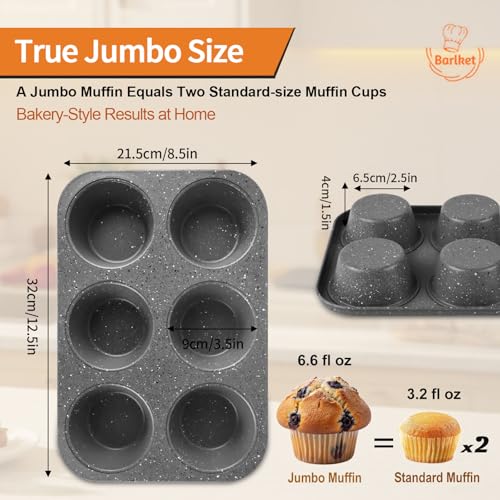 Barlket 2 Pack Jumbo Muffin Pan, 6 Cup Large Cupcake Pan with Speckled Granite Coating and Paper Liners, Professional Nonstick Carbon Steel Muffin Tin for Baking Muffins Frittatas Cupcakes, Grey