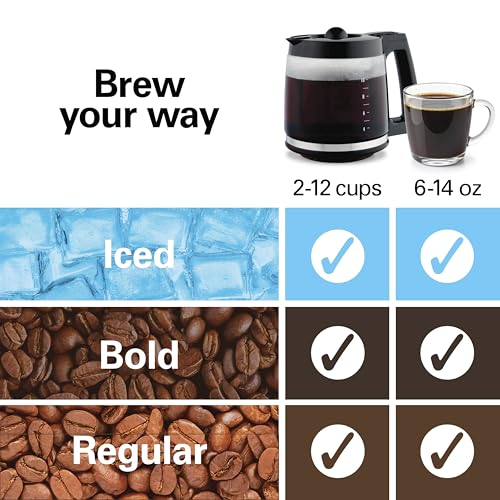 Hamilton Beach 2-Way 12 Cup Programmable Drip Hot and Iced Coffee Maker & Single Serve Coffee Machine, AquaFlow Showerhead, Glass Carafe, Auto Pause and Pour, Black (47500J)