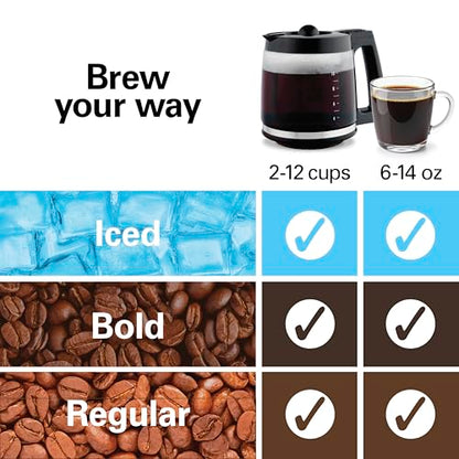 Hamilton Beach 2-Way 12 Cup Programmable Drip Hot and Iced Coffee Maker & Single Serve Coffee Machine, AquaFlow Showerhead, Glass Carafe, Auto Pause and Pour, Black (47500J)