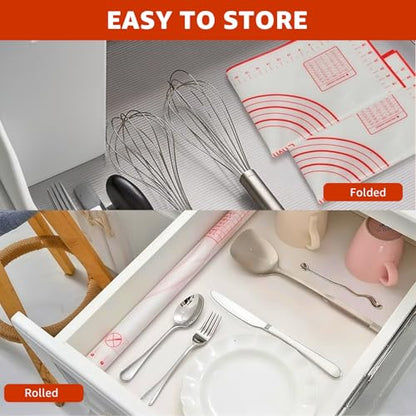 Silicone Baking Mat - 0.7mm New Upgraded Non-slip and Reusable Pastry Mat for Rolling Out Dough, Non Stick Silicone Mats with Measurements for Cookies, Macaroon, Bread, Pastry (Red)