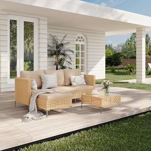 Ophelian Small L-Shaped Patio Furniture Set - Weather Resistant Wicker Sectional Chaise Sofa with Thick Cushions & Tempered Glass Coffee Table for Small Spaces, Balcony, Apartment