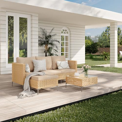 Ophelian Small L-Shaped Patio Furniture Set - Weather Resistant Wicker Sectional Chaise Sofa with Thick Cushions & Tempered Glass Coffee Table for Small Spaces, Balcony, Apartment