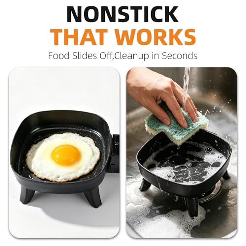 I-Keukenn 7" Electric Skillet with Lid, Non-Stick Ceramic Electric Frying Pan, 600W Single-Serve Grill with Adjustable Temperature Control for Pancakes, Eggs & Sausage