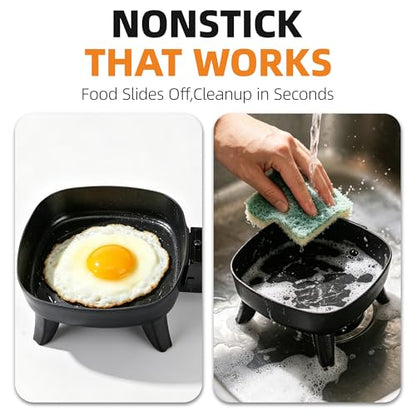 I-Keukenn 7" Electric Skillet with Lid, Non-Stick Ceramic Electric Frying Pan, 600W Single-Serve Grill with Adjustable Temperature Control for Pancakes, Eggs & Sausage