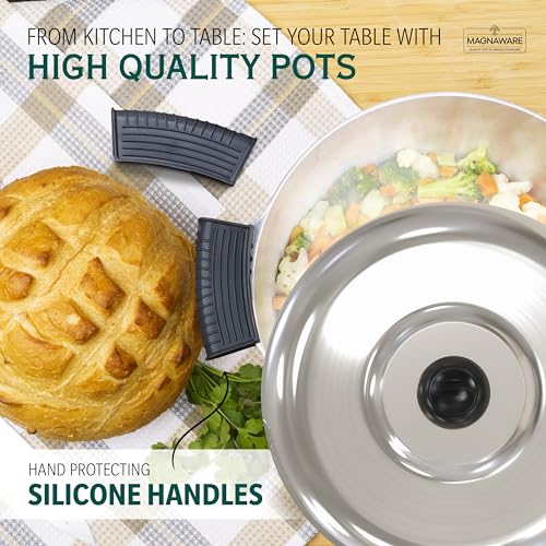 Magnaware Cast Aluminum Dutch Oven with Lid - 3 Quart Lightweight Cookware Pot with Silicone Covers for Easy Handling - Even Heat Distribution & Retention - For Bread Baking, Stew, Simmering & More