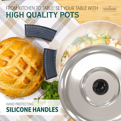 Magnaware Cast Aluminum Dutch Oven with Lid - 3 Quart Lightweight Cookware Pot with Silicone Covers for Easy Handling - Even Heat Distribution & Retention - For Bread Baking, Stew, Simmering & More