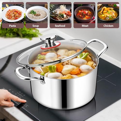 Homikit Cooking Stock Pot with Lid, 5 Quart Heavy Duty Tri-ply 18/10 Stainless Steel Soup Pot for Pasta Vegetable Steaming and Stewing, Induction Compatible & Dishwasher Safe