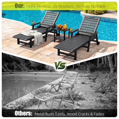 NUNU LAB Outdoor Chaise Lounge Chairs Set, Black with Wheels, 2pcs