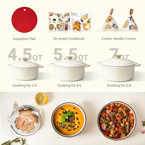 Overmont Enameled Cast Iron Dutch Oven - 7QT Pot with Lid Cookbook & Cotton Potholders - Heavy-Duty Cookware for Braising, Stews, Roasting, Sourdough Baking Cream White