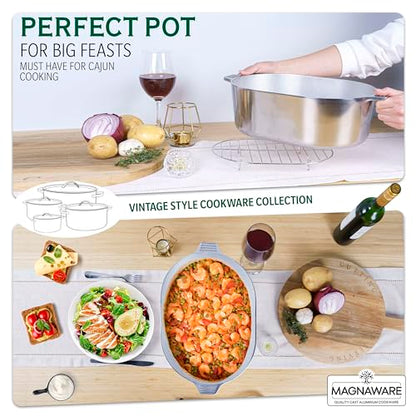 MAGNAWARE Cast Aluminum Oval Dutch Oven with Lid - 10 QT Heavy Duty & Lightweight Roaster Pan with Rack & Silicone Cover Dual Handles — Cajun Cookware for Roasting, Baking, Cooking (15" - Large)