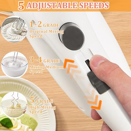 Katroiy 300W Hand Mixer Electric Handheld, 5 Speed Lightweight Kitchen Blender, Turbo Boost/Self-Control Speed Hand Held Beater Mixer with 4 Stainless Steel Whisks for Baking Cakes Eggs Cream, White