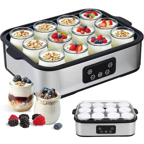 Automatic Yogurt Maker 12 180ml Jars Digital Yogurt Maker Machine Adjustable Temperature 48H Time Control for Fresh Homemade Yogurt Dessert, Led Display Multi-Function 2160ml Electric Yogurt Machine