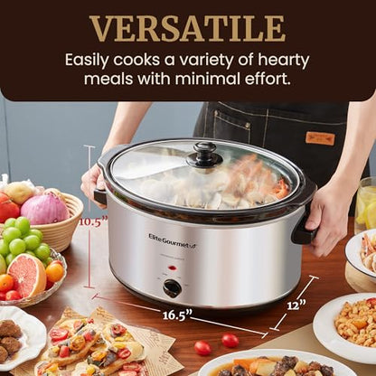 Elite Gourmet Stainless Steel Slow Cooker, Dishwasher-Safe with Tempered Glass Lid, Cool-Touch Handles, Removable Stoneware Pot, 8.5 Quart,MST-900V