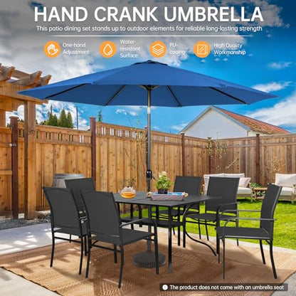 SUNCROWN 8 - Piece Outdoor Dining Set, Patio Furniture Set with 6 Textilene Dinning Chairs, 1 Rectangle Metal Table and 1 Dark Blue 9Ft Patio Umbrella for Lawn Garden Backyard Deck, Black