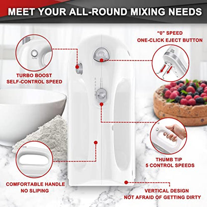 Lord Eagle Hand Mixer Electric Handheld 400W, 5-Speed Lightweight Kitchen Mixer with Storage Case, 5 Stainless Steel Attachments for Baking Cake Egg Cream Food Beater, Turbo+Eject Button