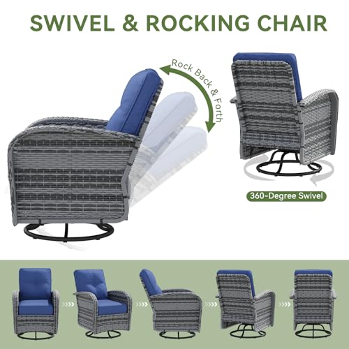 LazySunsets 9 PCS Patio Furniture Set, Outdoor Sectional All-Weather Wicker Conversation Set with Swivel Rocker Chairs, 4'' Thick Cushions for Backyard Poolside(Navy/Grey)