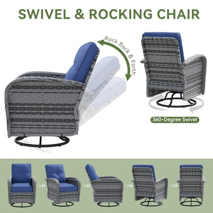LazySunsets 9 PCS Patio Furniture Set, Outdoor Sectional All-Weather Wicker Conversation Set with Swivel Rocker Chairs, 4'' Thick Cushions for Backyard Poolside(Navy/Grey)