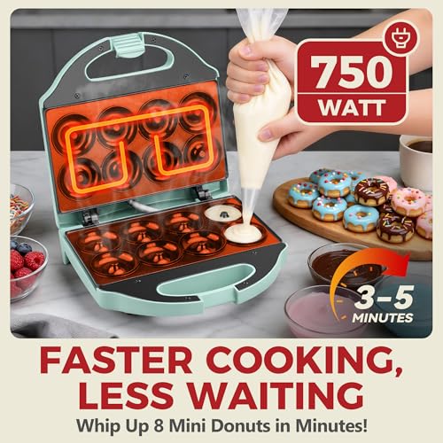 AshGlen 2” Mini Donut Maker Machine, 8 Donut Holes Ceramic Coating Donut Pan for Baking Doughnuts, Doughnut Maker for Mini Donuts, Maquina De Mini Donas, Aqua