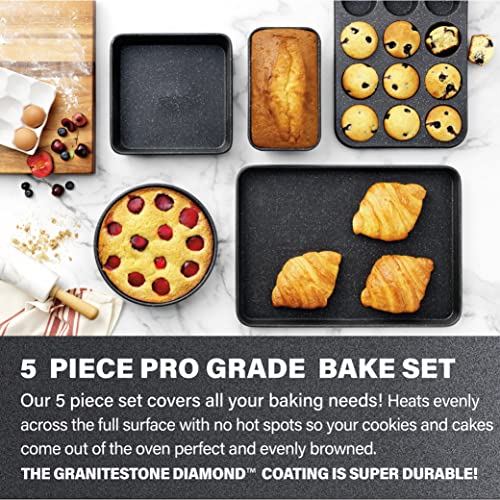 Granitestone Ultra Nonstick Bakeware Set, 5 Piece Dishwasher Safe Baking Pans Set with Muffin Pan, Loaf Pan, Round Baking Tray & Baking Sheet for Oven with Even Heating &No Warp Technology
