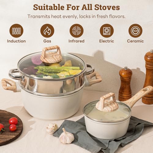 17 Pcs Pots and Pans Set Non stick，Cookware Sets White Granite Induction Cookware, Non-toxic Healthy Non Stick Kitchen Cooking Set with Frying Pans Set, Saucepans (PFAS, PFOA, PFOS Free) White