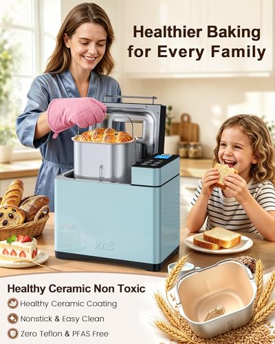 KBS Blue Bread Maker, 2LB Smart Bread Machine with Healthy Ceramic Pan, Touchscreen, Auto Nut Dispenser, 17 Automatic Programs, Gluten Free, Sourdough, Dough, Yogurt & Jam, 15H Timer, Stainless Steel