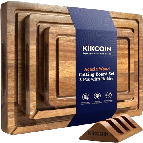 Acacia Wood Cutting Boards for Kitchen, Kikcoin 3 PCS Wooden Cutting Board Set with Holder, Chopping Board with Compartments and Juice Groove, Solid Charcuterie Boards Serving Tray Wood Butcher Block