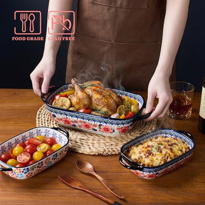 TAUFIKT Ceramic Casserole Dishes for Oven, Hand-painted Polish Pottery Baking Dish Set of 2, 0.8QT / 2QT Porcelain Casserole Dishes with Handles, Baking Pan Lasagna Pan, Gift for Family/Friend (Red)