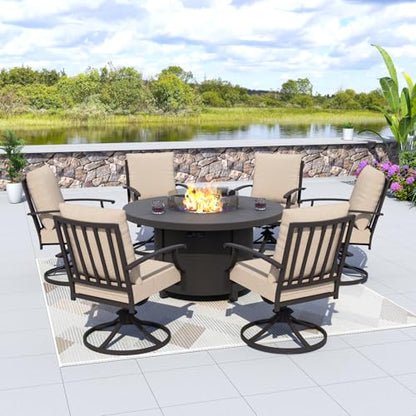 Kurapika 7 Piece Metal Outdoor Patio Furniture Set with Round Fire Pit Table, Patio Conversation Sets 6 Swivel Chairs with Thick Cushion and 40000 BTU Fire Pit Table, Sand